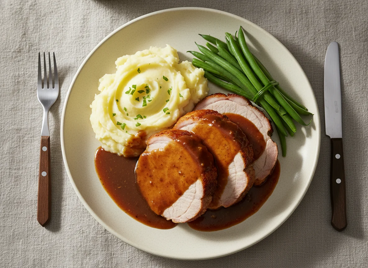 Braten mit Kartoffelpüree und grünen Bohnen photo