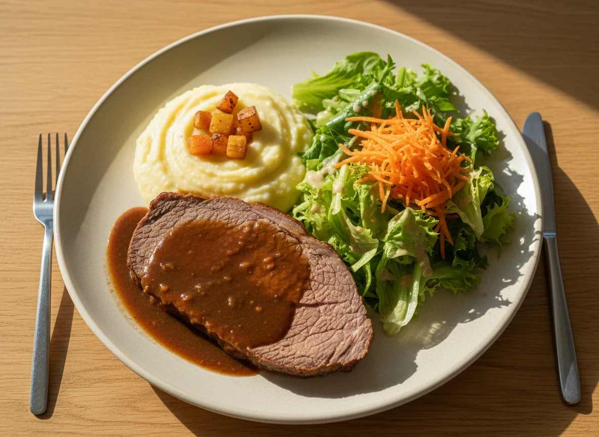 Braten mit Kartoffelpüree und Salat photo
