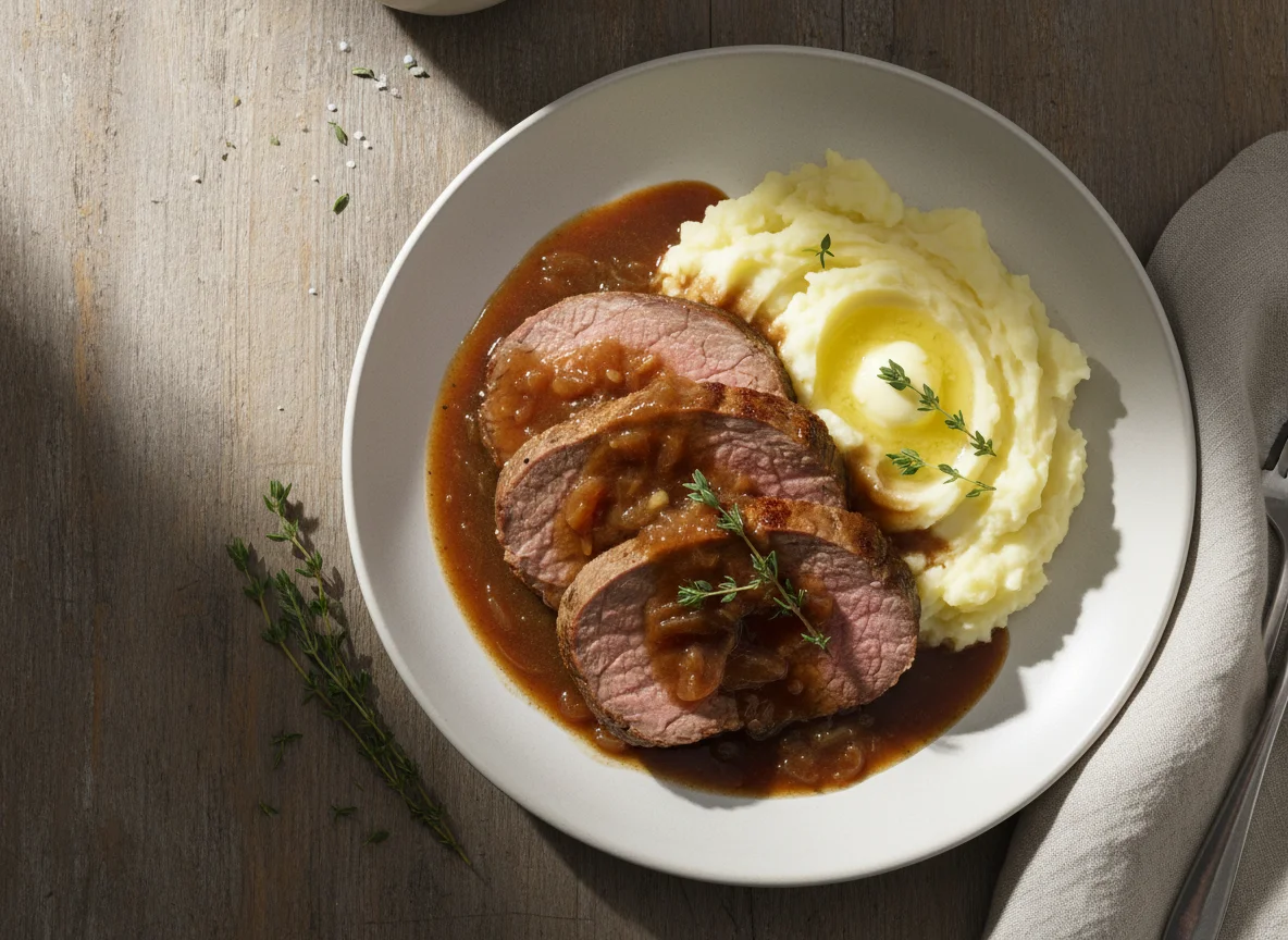 Braten mit Kartoffelpüree und Soße photo