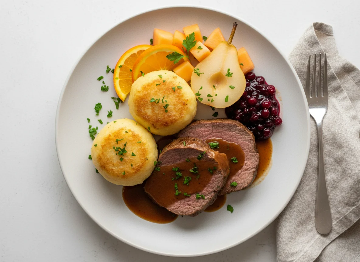 Braten mit Klößen und Beilagen photo