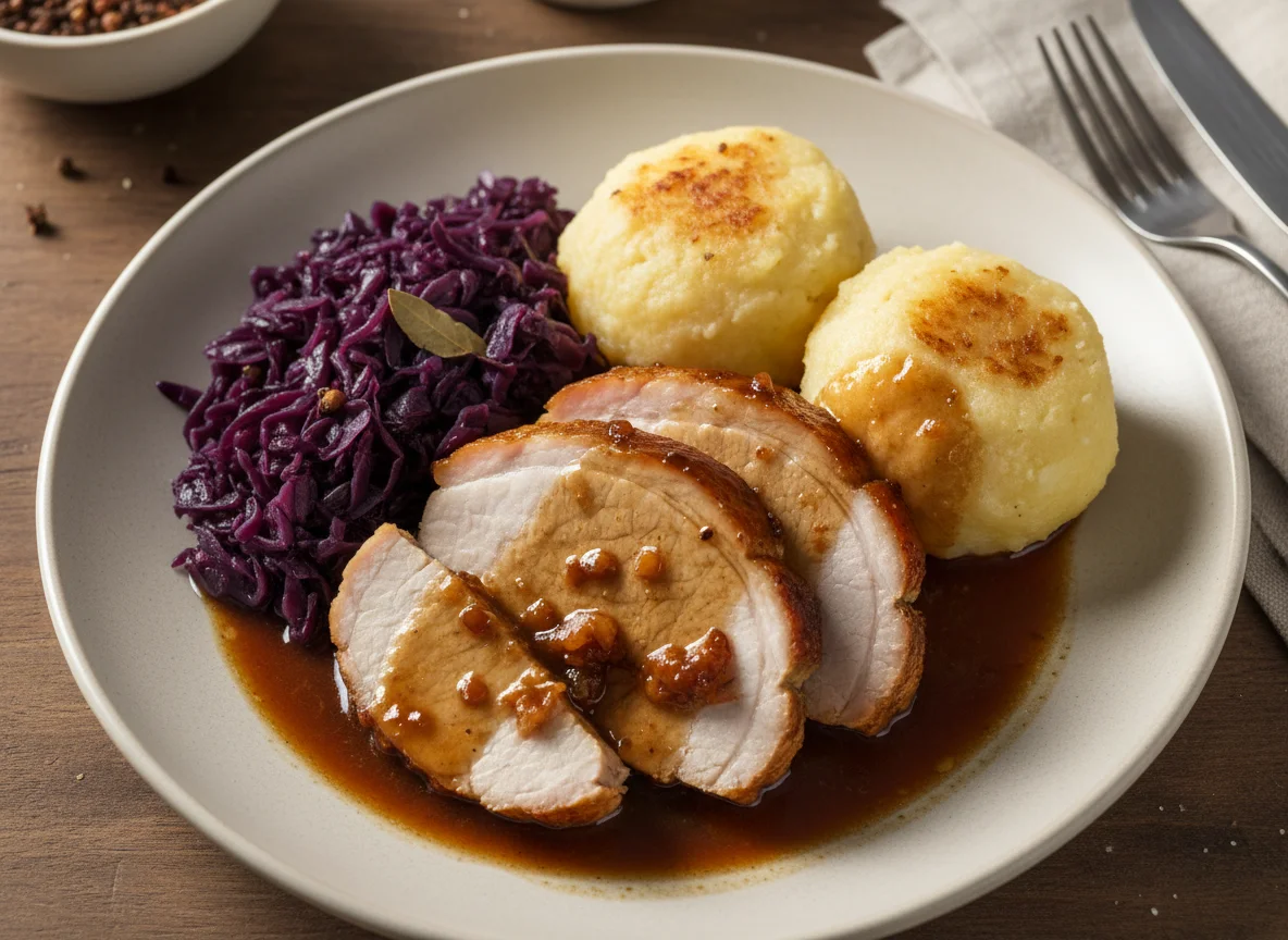 Braten mit Klößen und Rotkohl photo