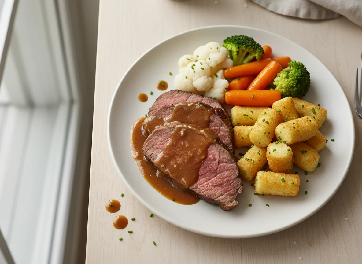 Braten mit Kroketten und Gemüse photo