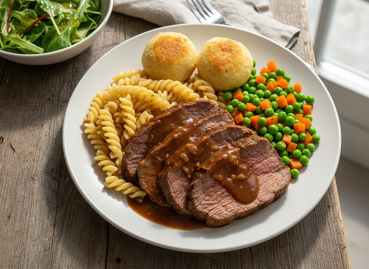 Braten mit Nudeln und Gemüse photo