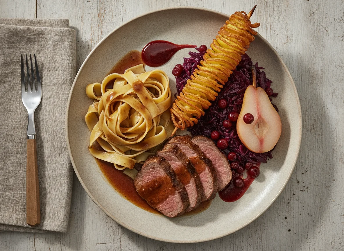 Braten mit Pappardelle, Rotkohl, Birne und Kartoffelspieß photo