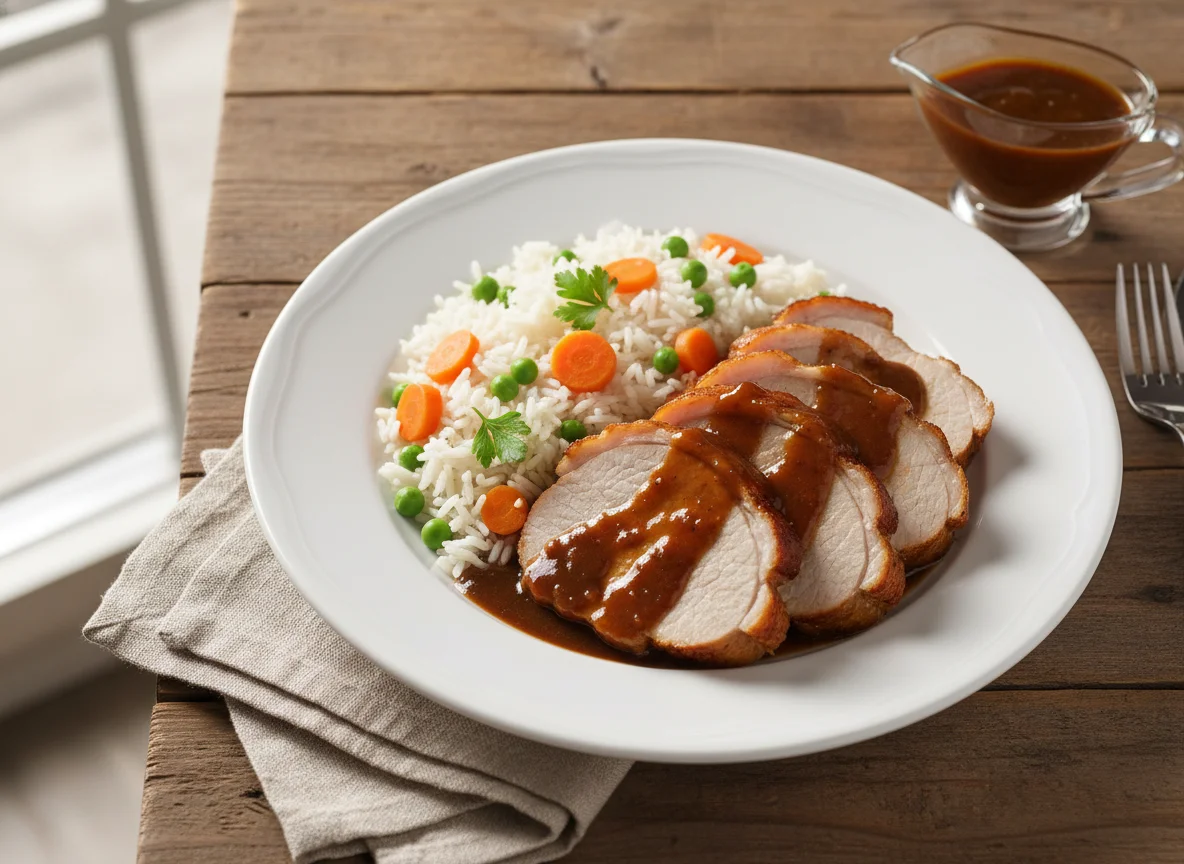 Braten mit Reis und Gemüse photo
