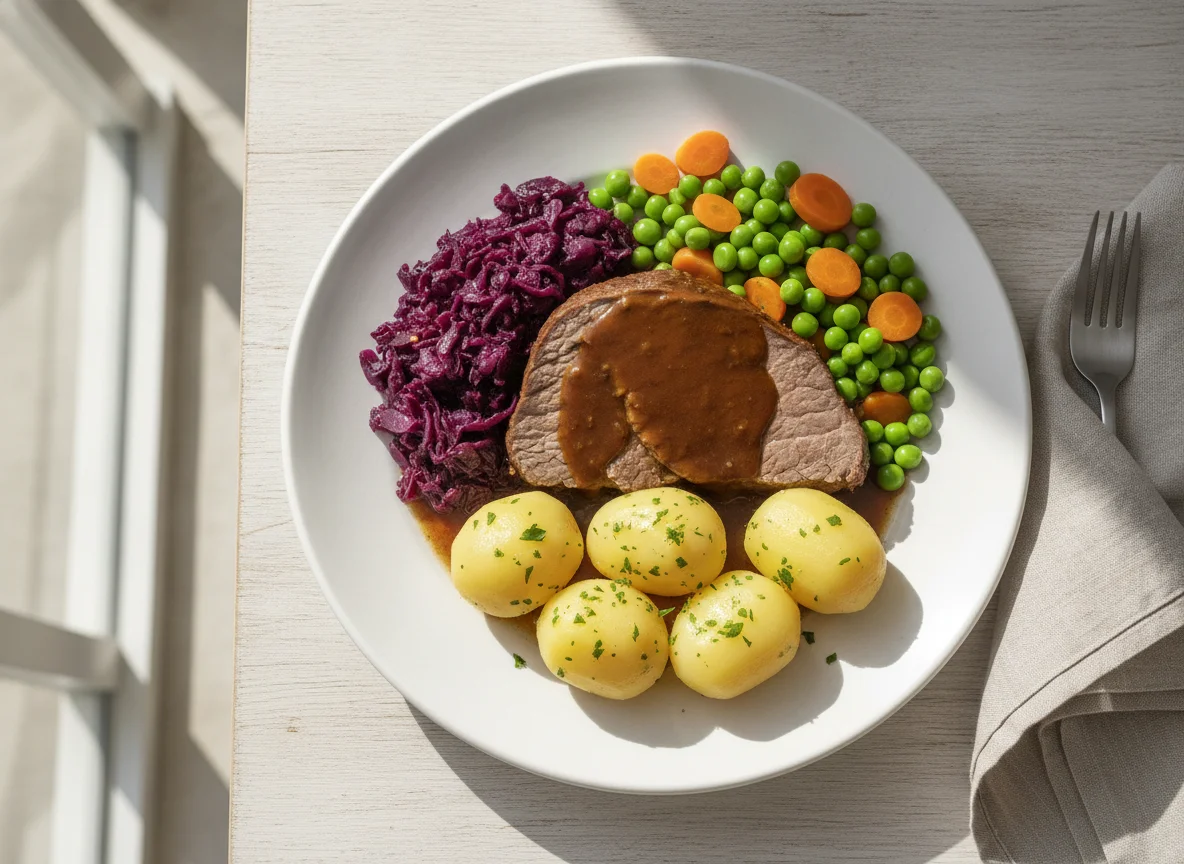 Braten mit Rotkohl, Erbsen und Karotten und Kartoffeln photo
