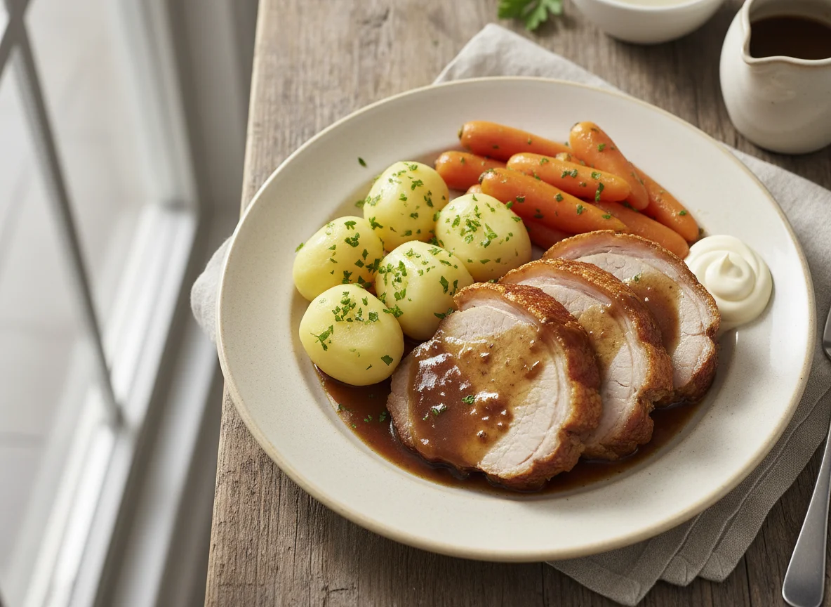 Braten mit Salzkartoffeln und Karotten photo