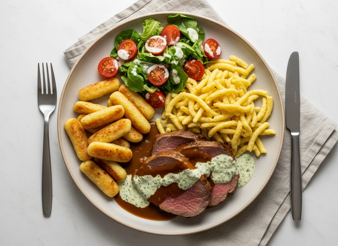 Braten mit Schupfnudeln, Spätzle und Tomatensalat photo