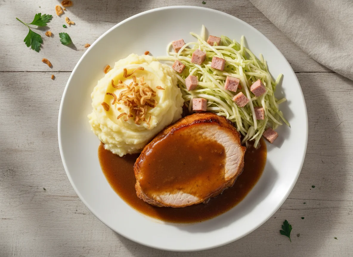 Braten mit Soße, Salat und Kartoffeln photo
