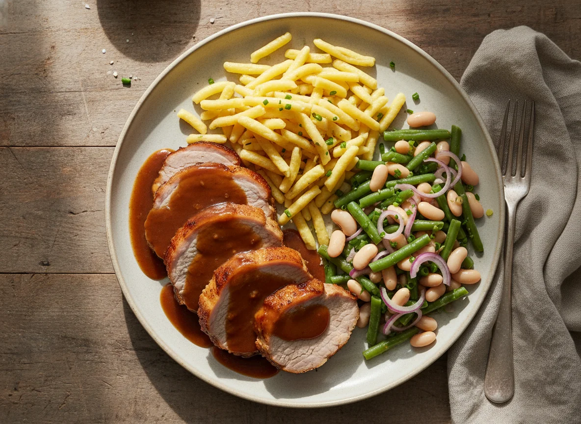 Braten mit Spätzle und Bohnensalat photo