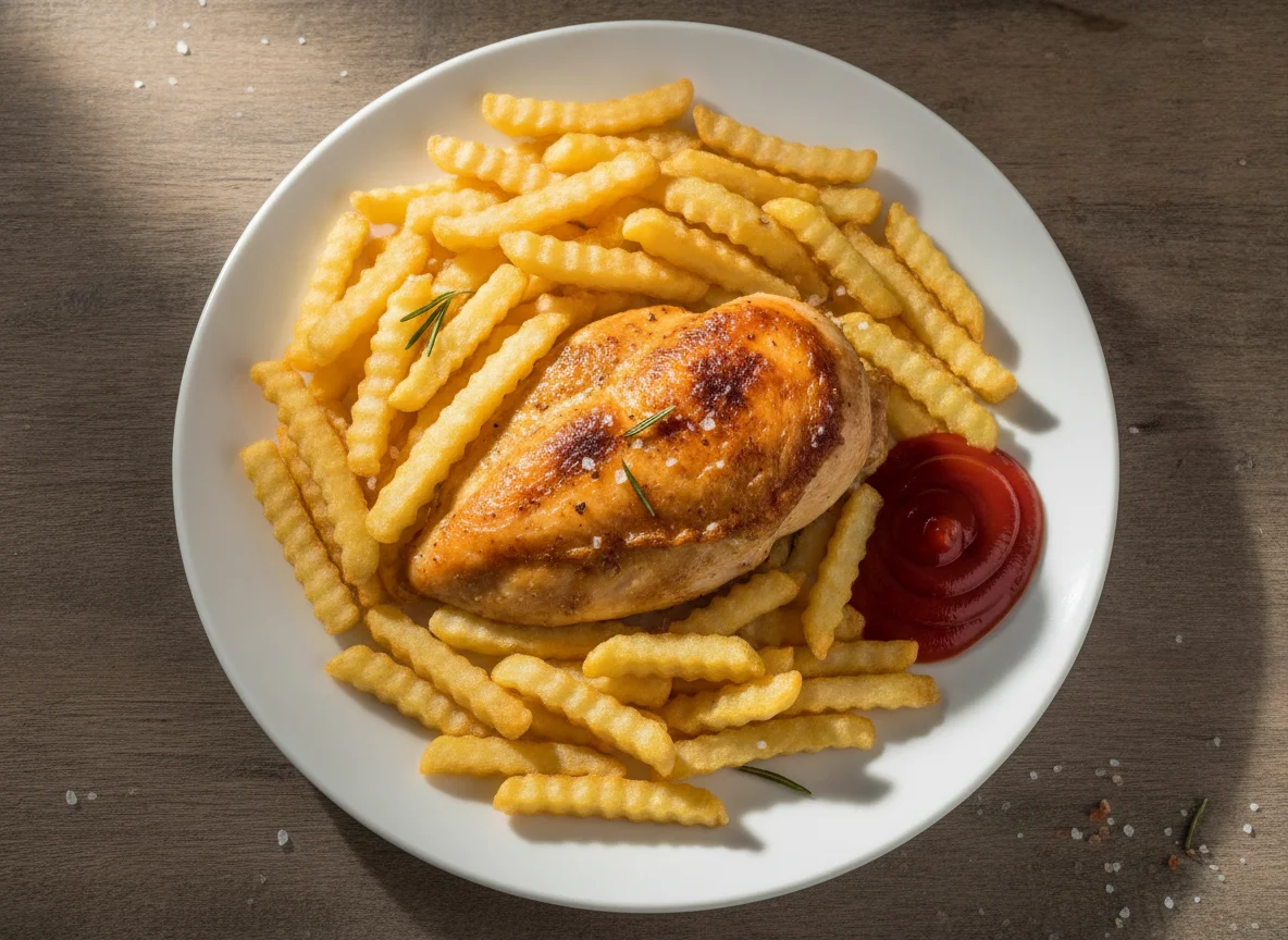 Brathähnchen mit Pommes und Ketchup photo