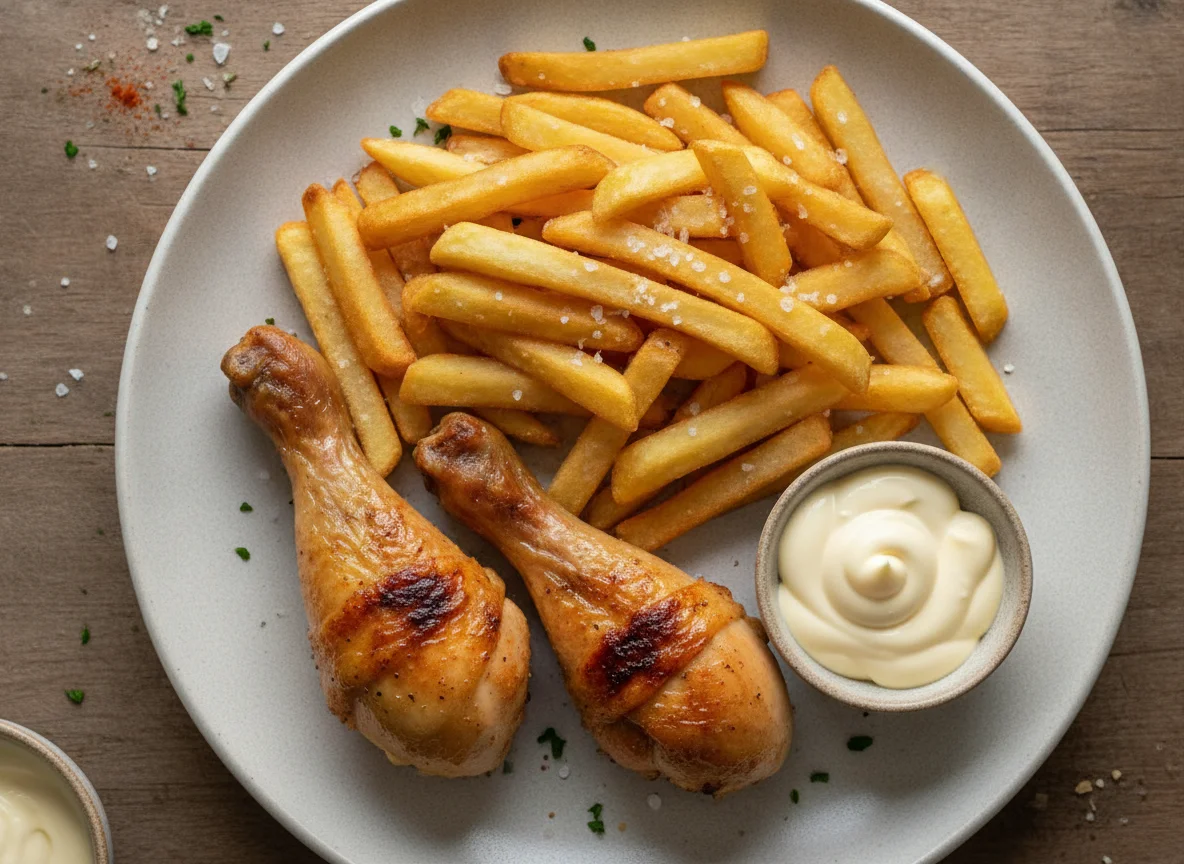 Brathähnchen mit Pommes und Mayonnaise photo