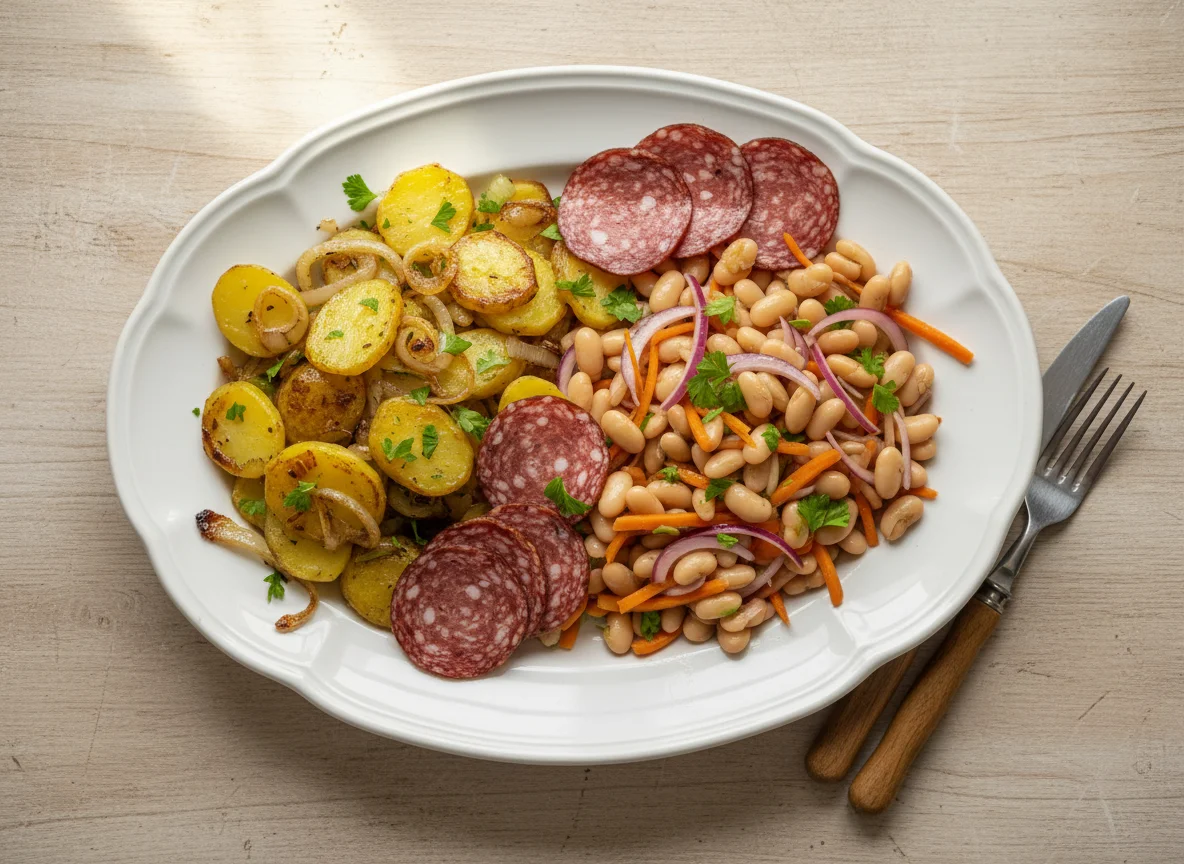 Bratkartoffeln mit Bohnen-Möhren-Salat und Salami photo