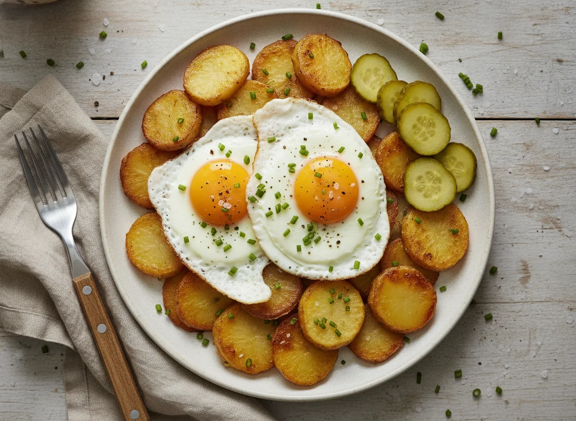 Bratkartoffeln mit Ei und Gewürzgurken photo