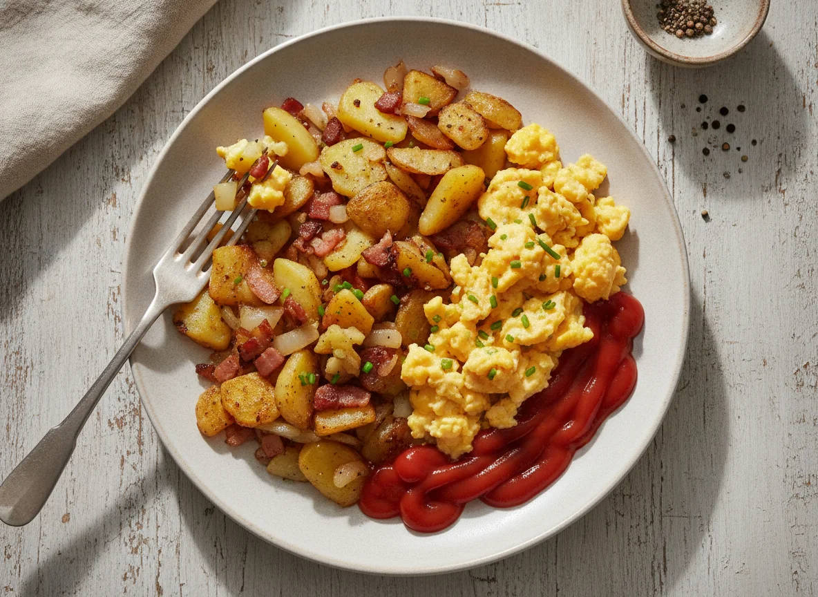 Bratkartoffeln mit Ei und Ketchup photo