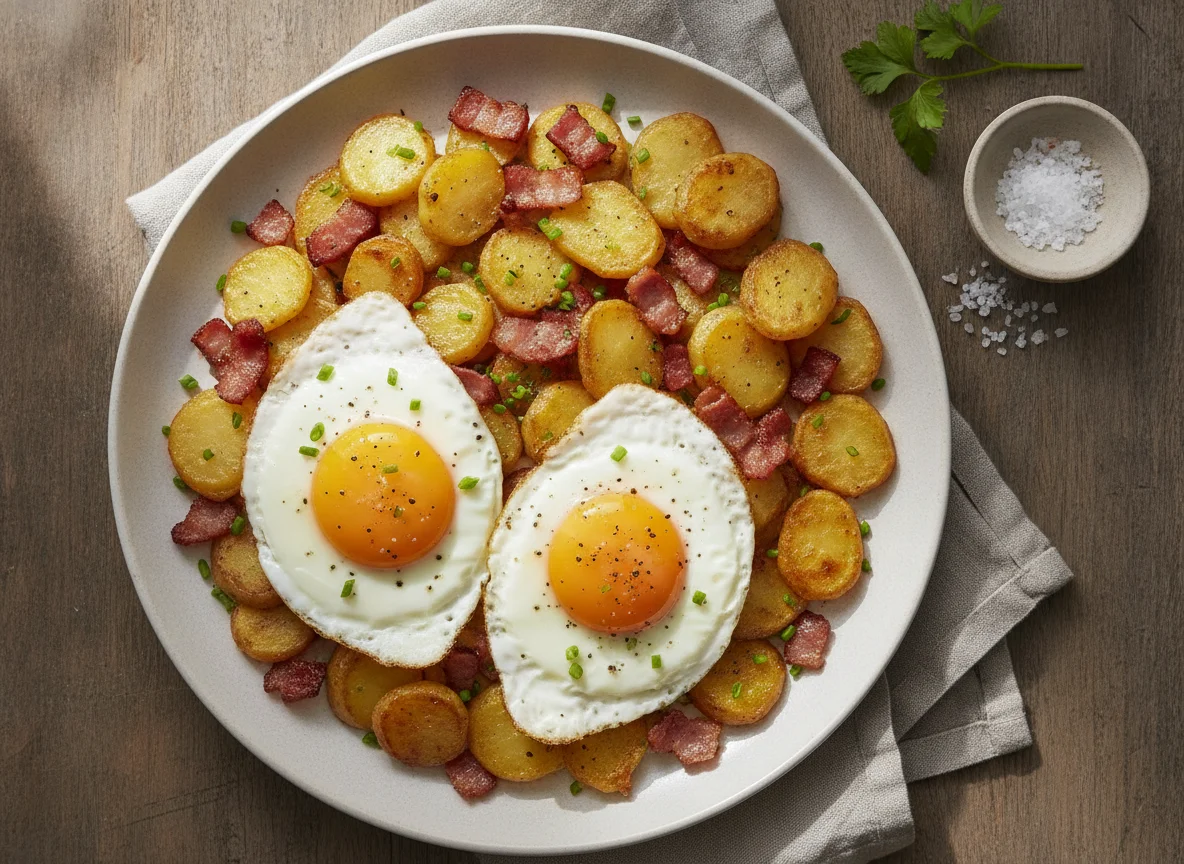 Bratkartoffeln mit Ei und Speck photo
