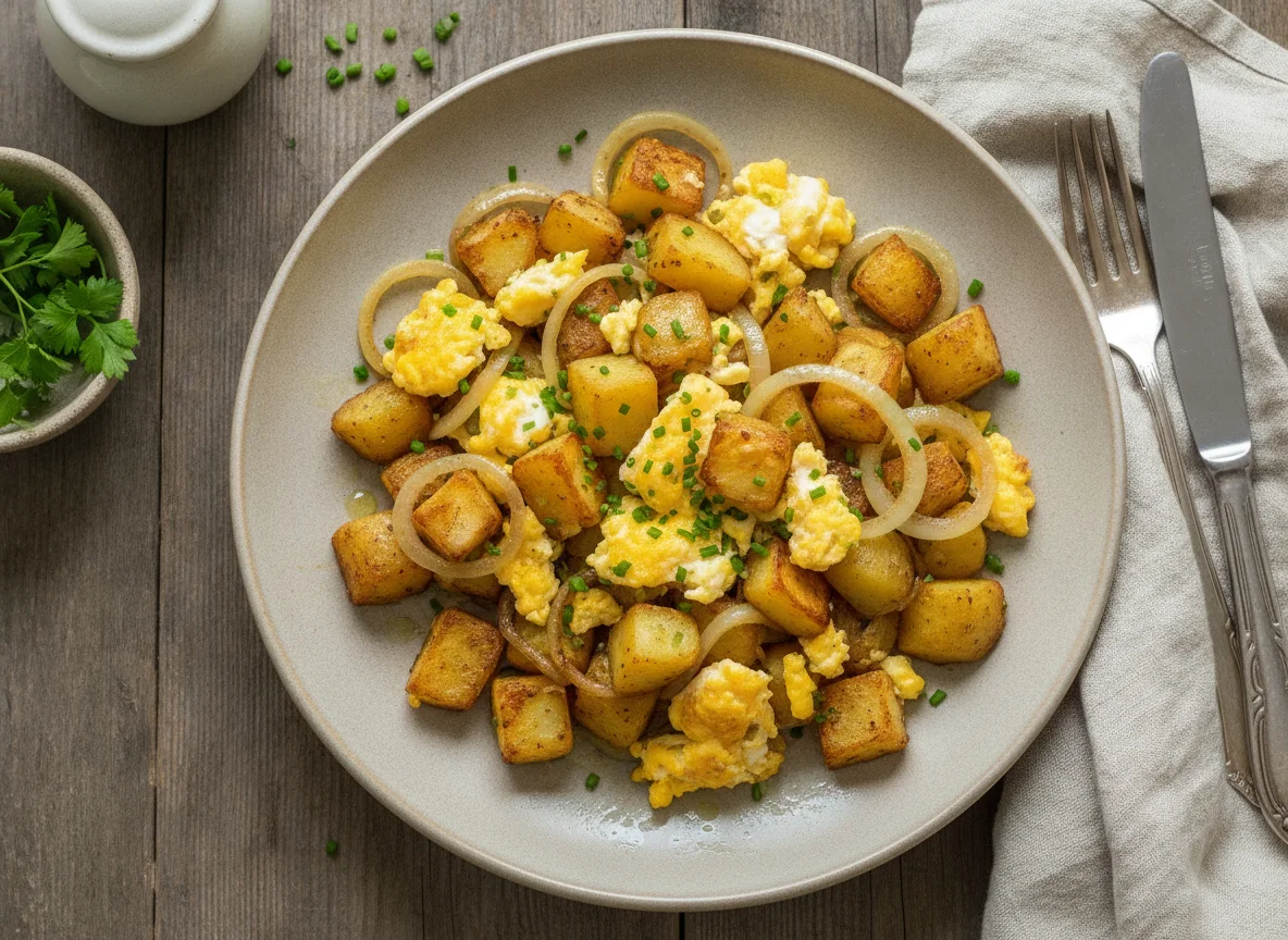 Bratkartoffeln mit Ei und Zwiebeln photo