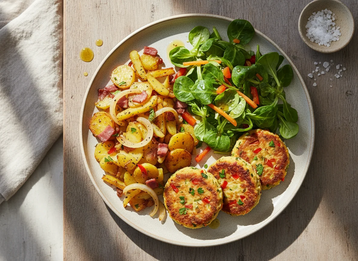 Bratkartoffeln mit Feldsalat und Gemüsetalern photo