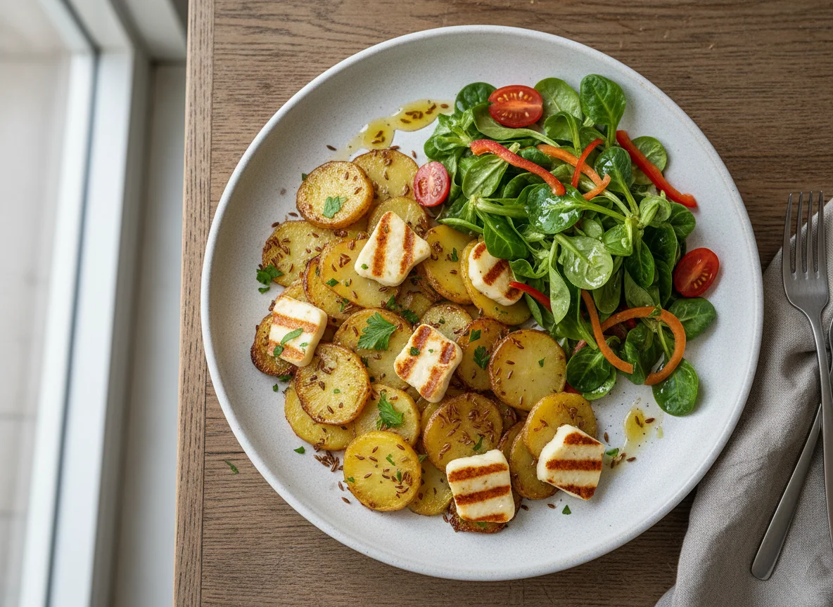 Bratkartoffeln mit Feldsalat und Grillkäse photo