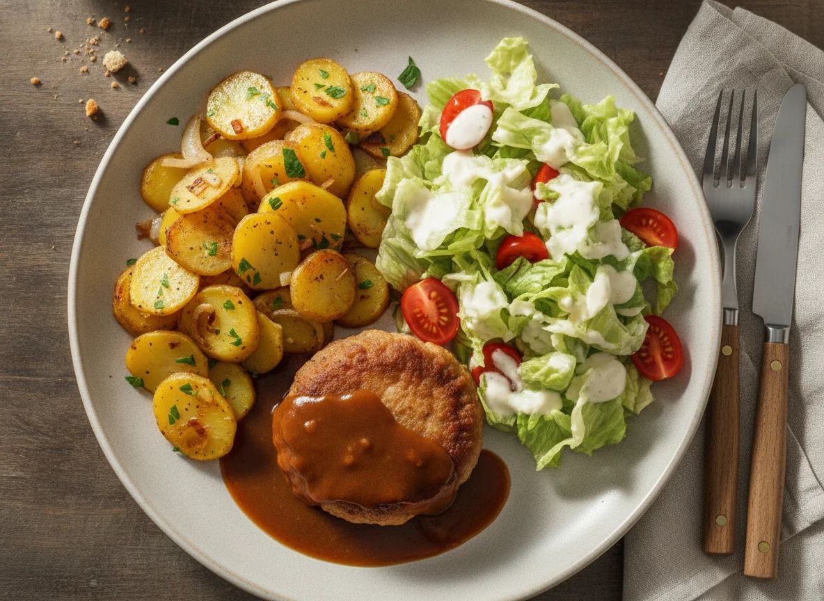 Bratkartoffeln mit Frikadelle und Salat photo