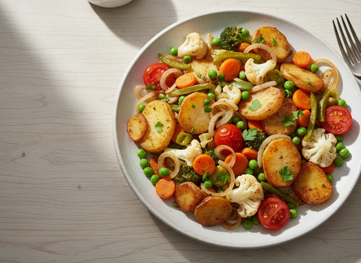 Bratkartoffeln mit gemischtem Gemüse photo