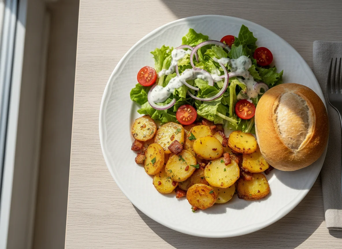 Bratkartoffeln mit gemischtem Salat und Brötchen photo