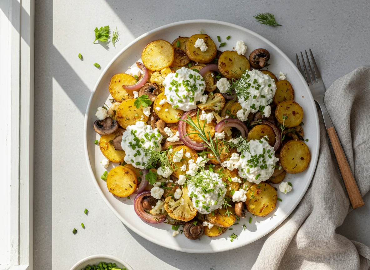 Bratkartoffeln mit Gemüse, Feta und Kräuterquark photo