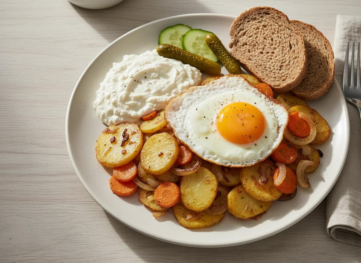 Bratkartoffeln mit Gemüse, Quark und Spiegelei photo