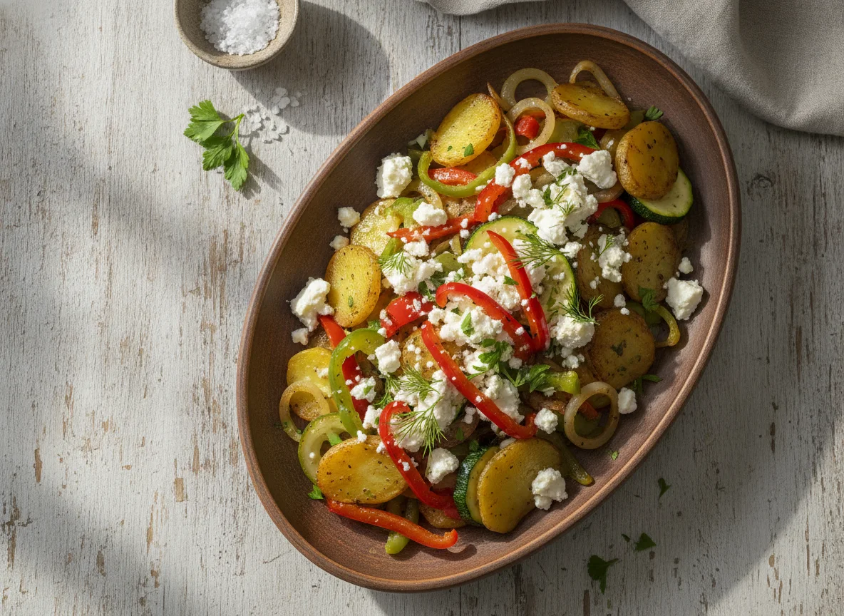 Bratkartoffeln mit Gemüse und Feta photo