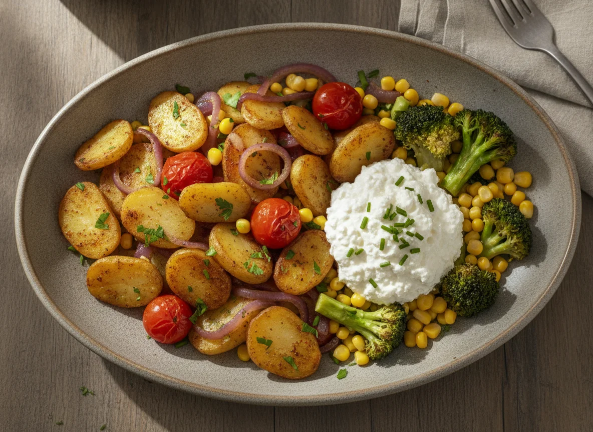 Bratkartoffeln mit Gemüse und Hüttenkäse photo