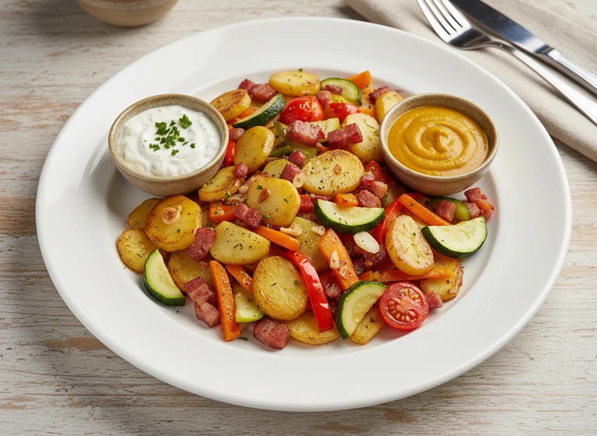 Bratkartoffeln mit Gemüse und Saucen photo