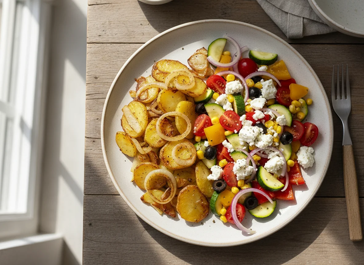 Bratkartoffeln mit Gemüsesalat und Feta photo
