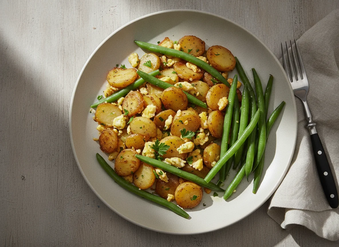 Bratkartoffeln mit grünen Bohnen photo