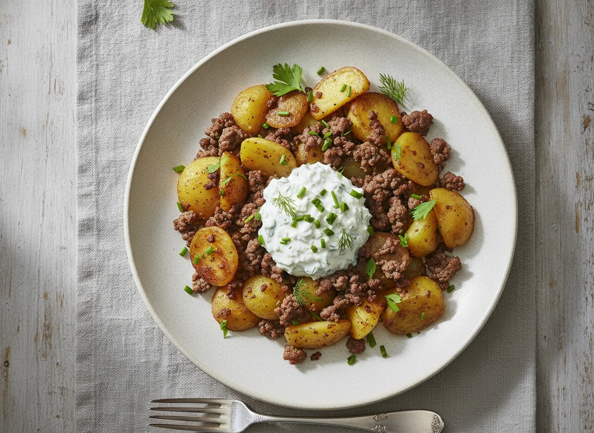 Bratkartoffeln mit Hackfleisch und Kräuterquark photo