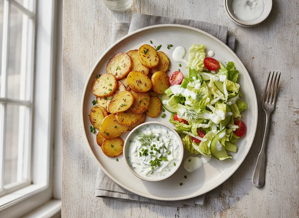 Bratkartoffeln mit Kräuterquark und gemischtem Salat photo