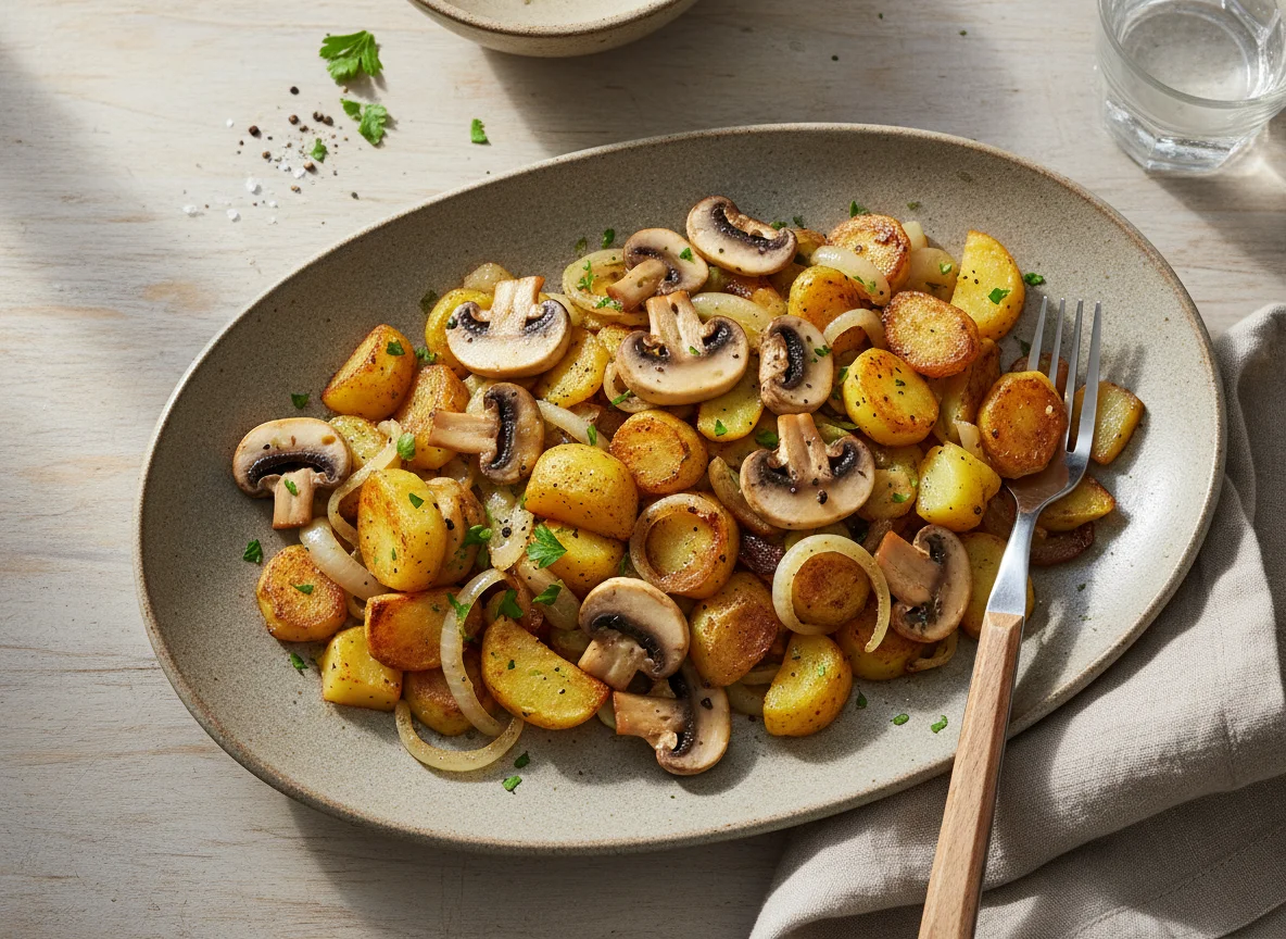 Bratkartoffeln mit Pilzen und Zwiebeln photo