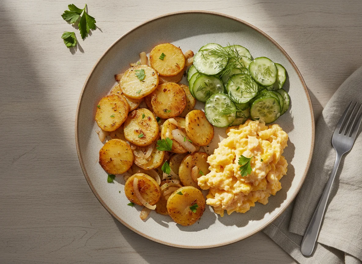 Bratkartoffeln mit Rührei und Gurkensalat photo