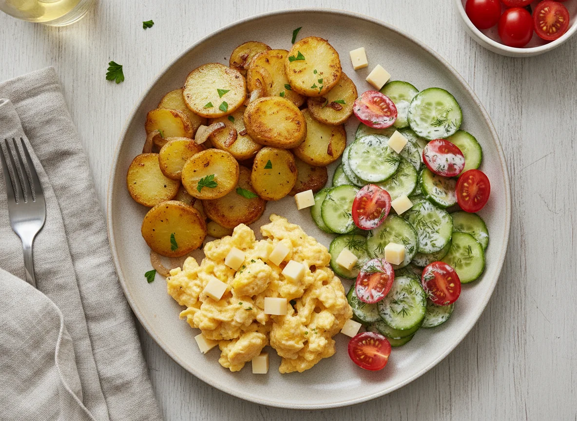 Bratkartoffeln mit Rührei und Gurken-Tomaten-Salat photo