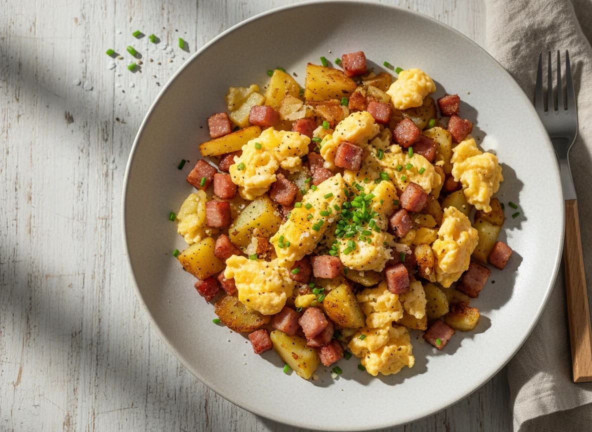 Bratkartoffeln mit Rührei und Speck photo