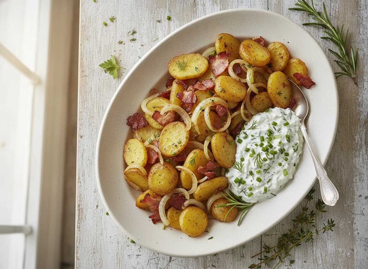 Bratkartoffeln mit Speck und Kräuterquark photo