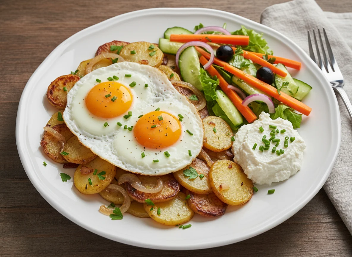 Bratkartoffeln mit Spiegelei, Quark und Salat photo