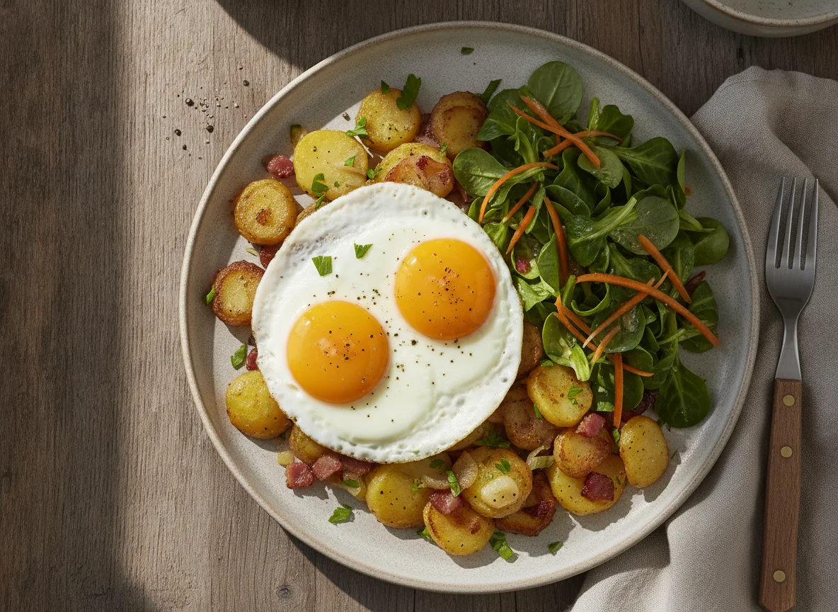 Bratkartoffeln mit Spiegelei und gemischtem Salat photo