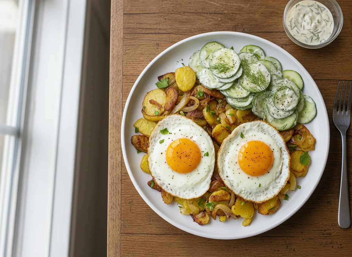 Bratkartoffeln mit Spiegelei und Gurkensalat photo