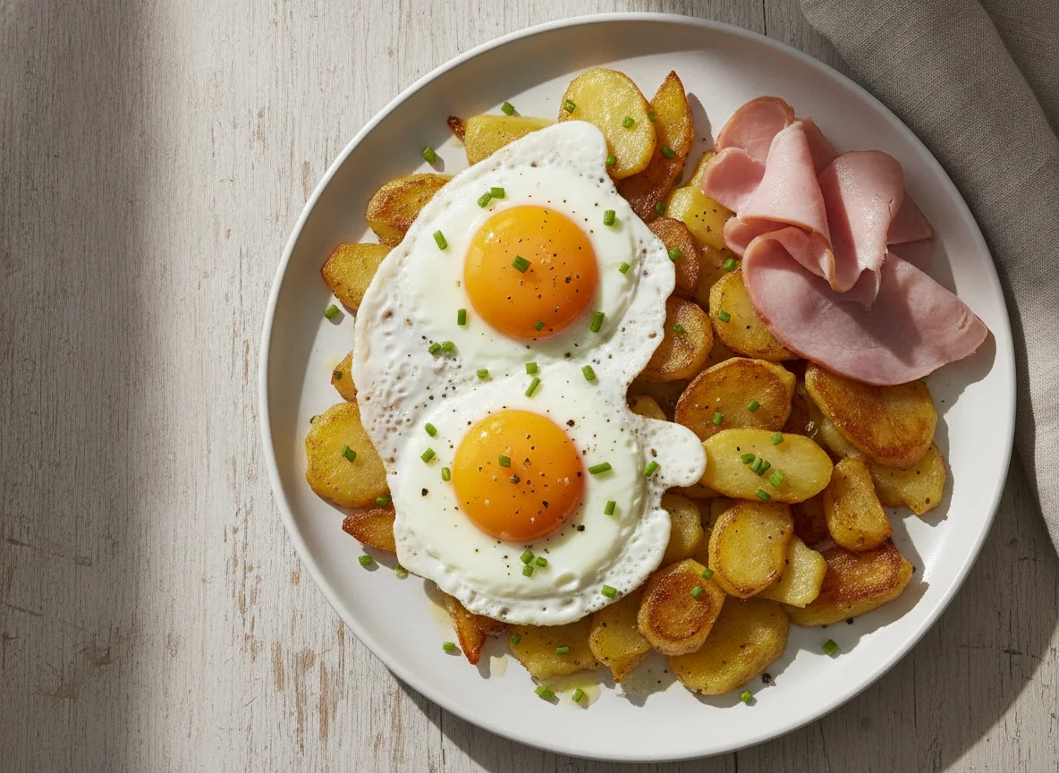 Bratkartoffeln mit Spiegelei und Schinken photo