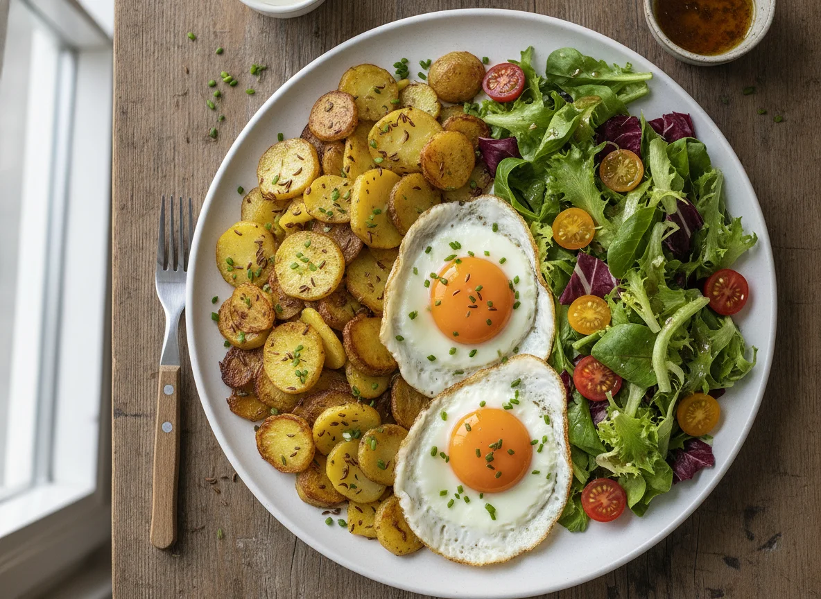 Bratkartoffeln mit Spiegeleiern und Beilagensalat photo