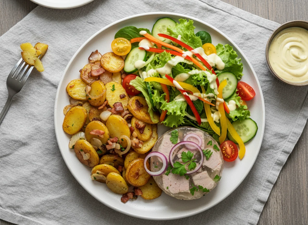 Bratkartoffeln mit Sülze und Salat photo