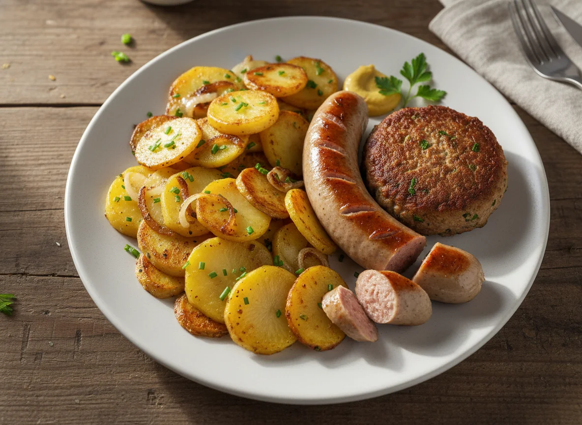Bratkartoffeln mit Wurst und Frikadelle photo