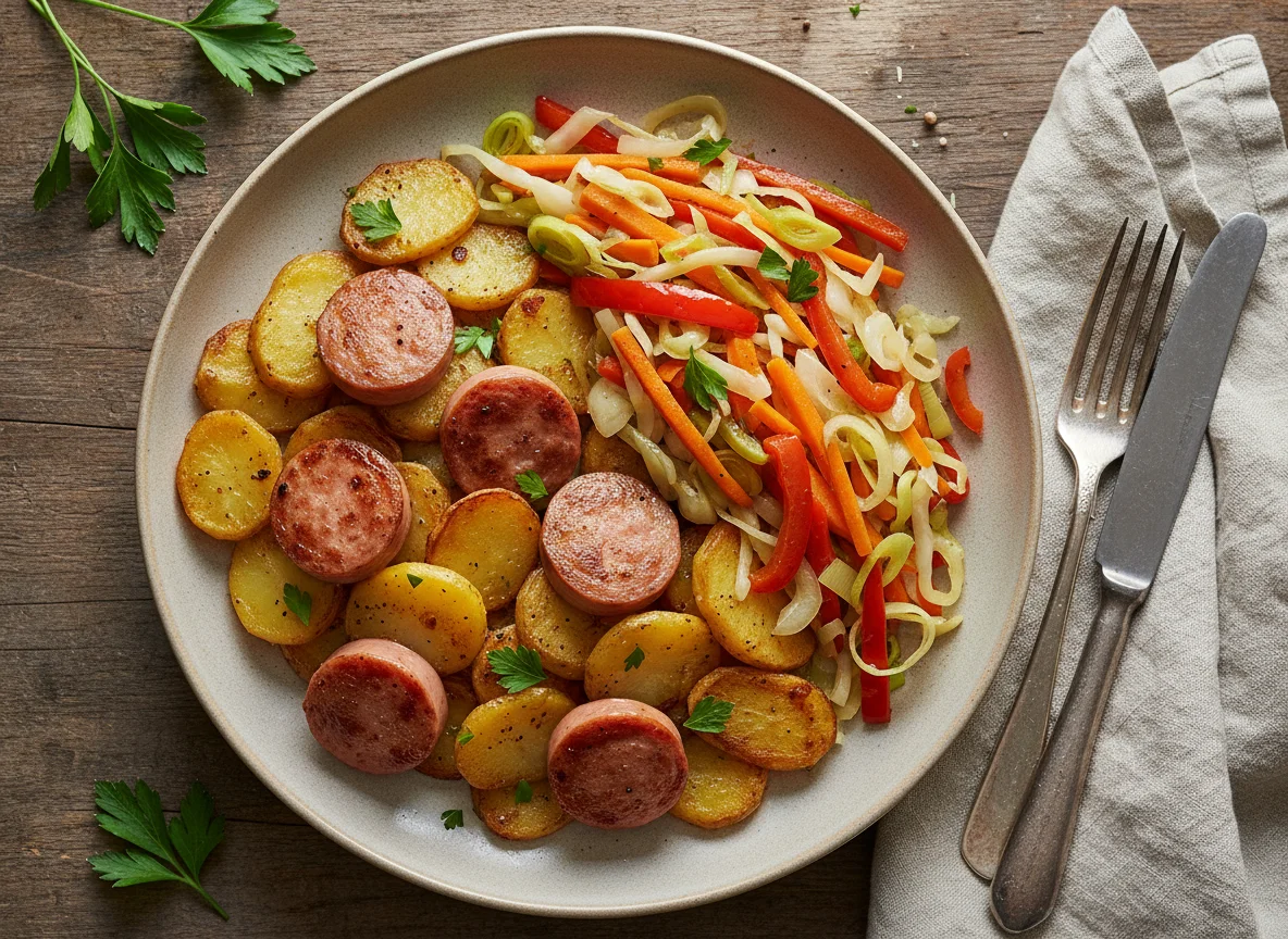Bratkartoffeln mit Wurst und Gemüsepfanne photo