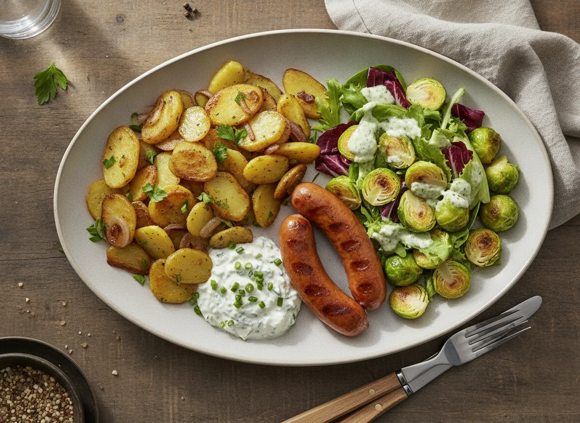 Bratkartoffeln mit Würstchen, Rosenkohl und Salat photo