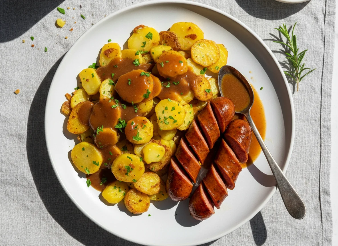 Bratkartoffeln mit Würstchen und Sauce photo